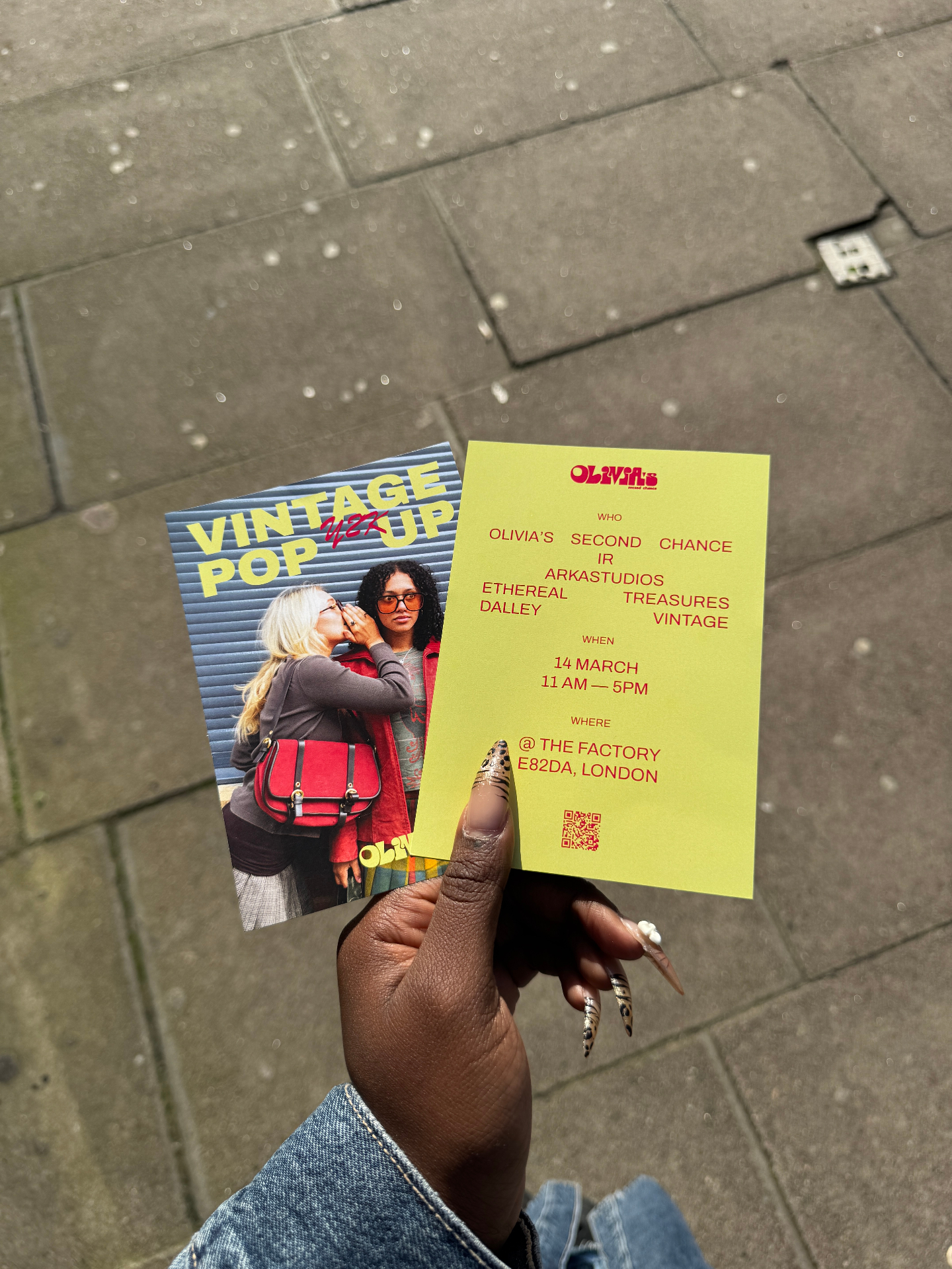 Double-sided A6 event flyers printed on neon yellow stock for a vintage pop-up
